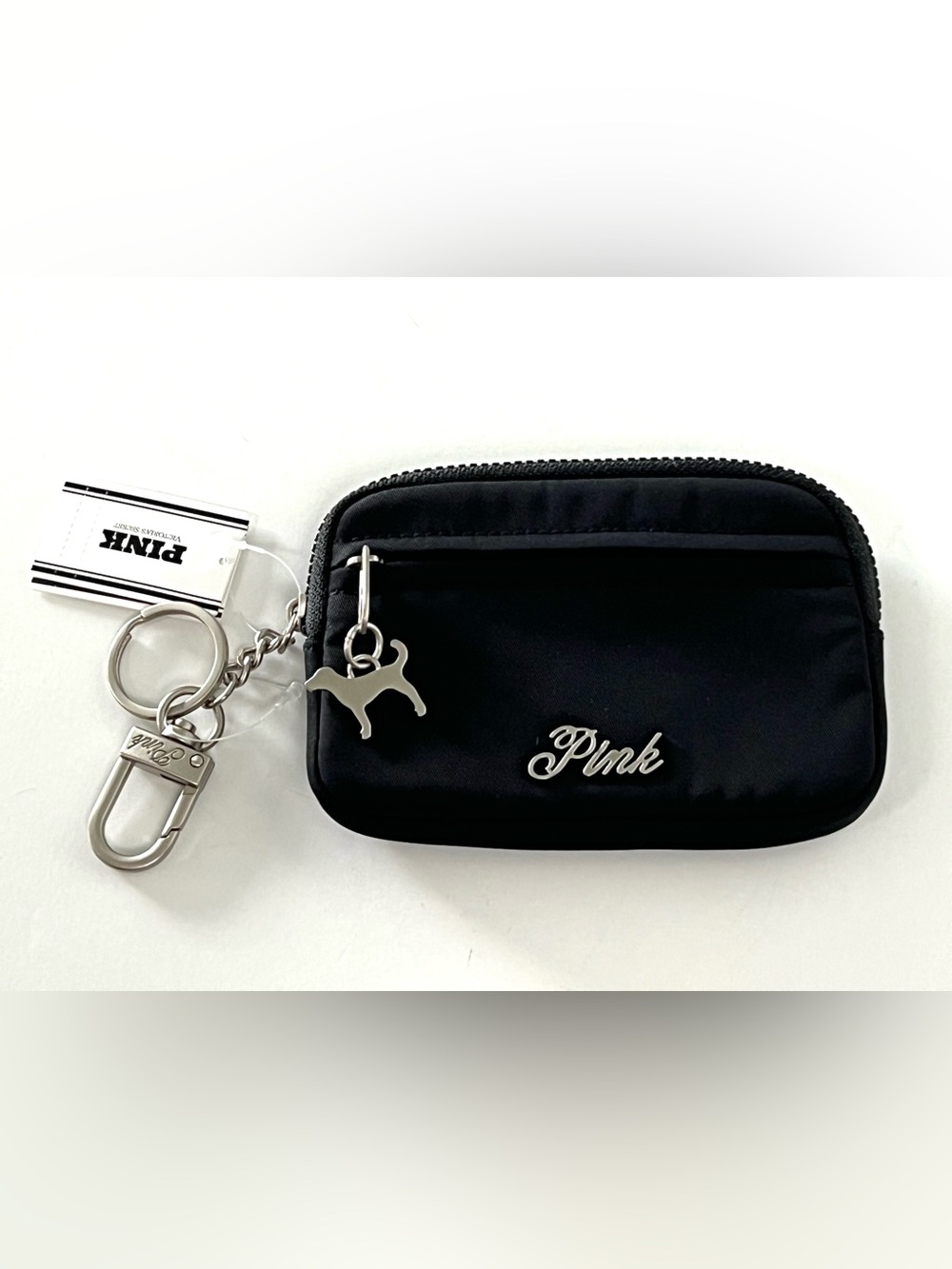 PINK Victoria’s Secret Black Nylon Zip Wallet Card Holder Key Chain NWT